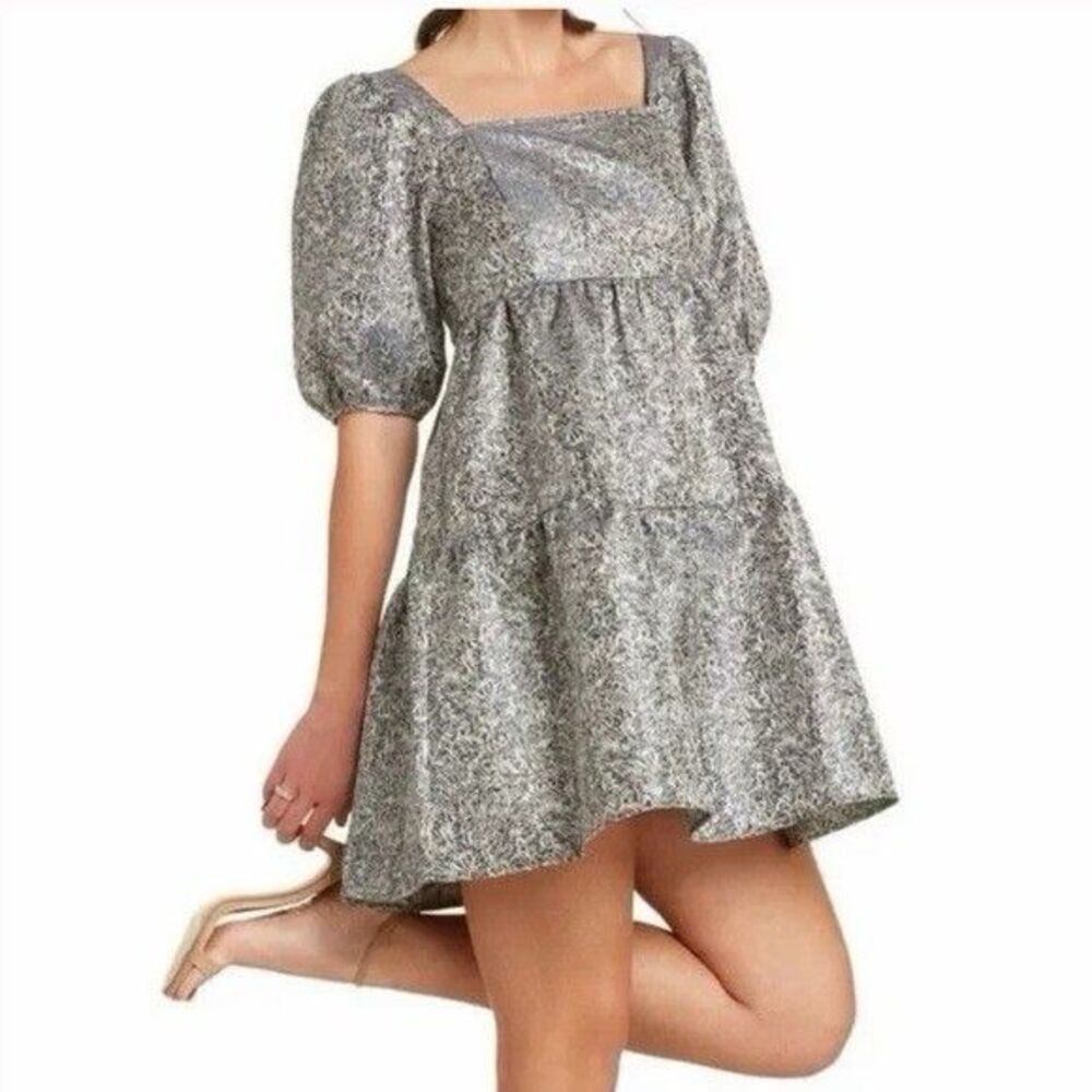 Anthropologie MOON‎ RIVER Mini Dress MEDIUM Babydoll Jacquard Puff Sleeve Flare